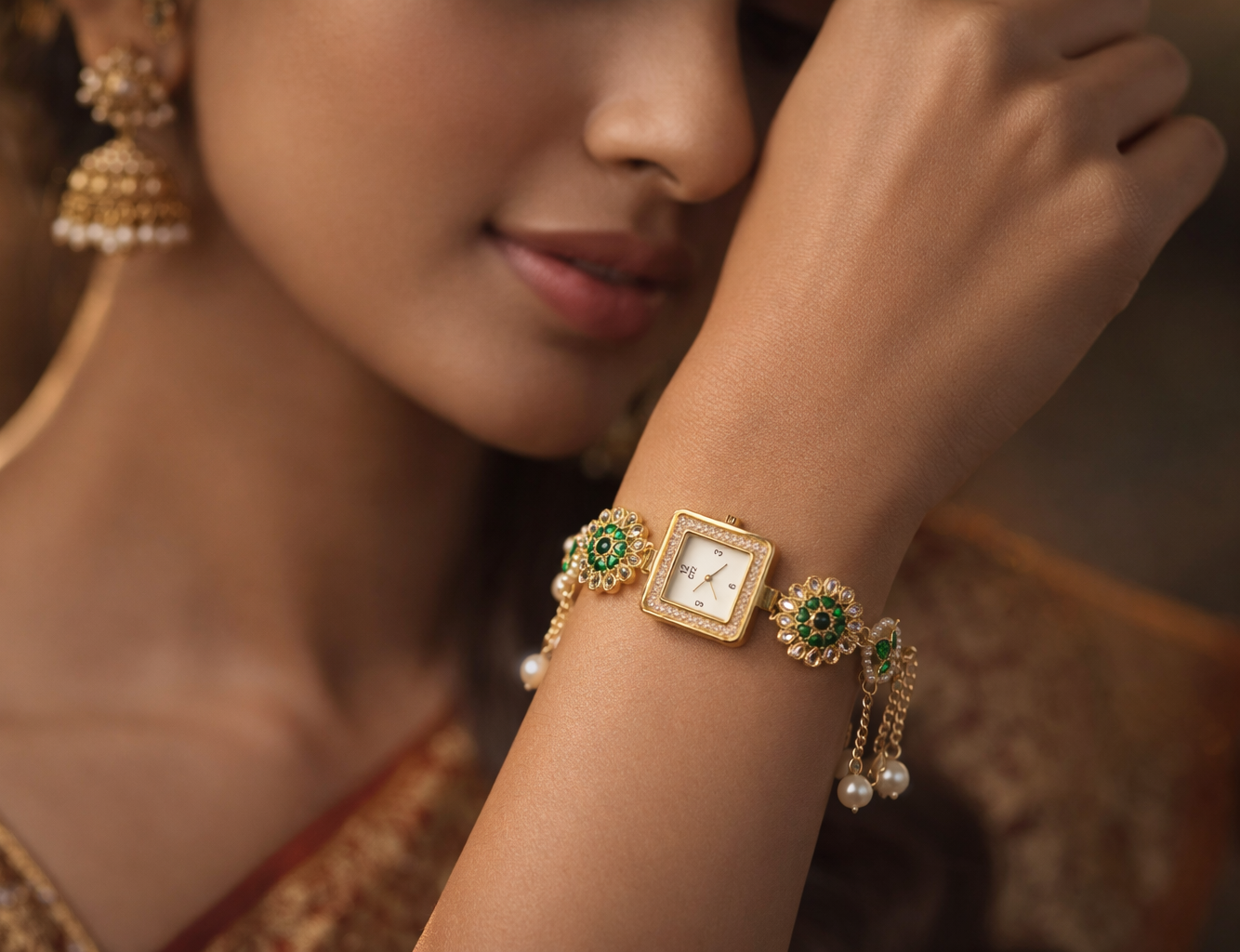 Woman wearing Kashmiri ethnic bracelet watch with green stones and pearl drops, traditional jewelry watch