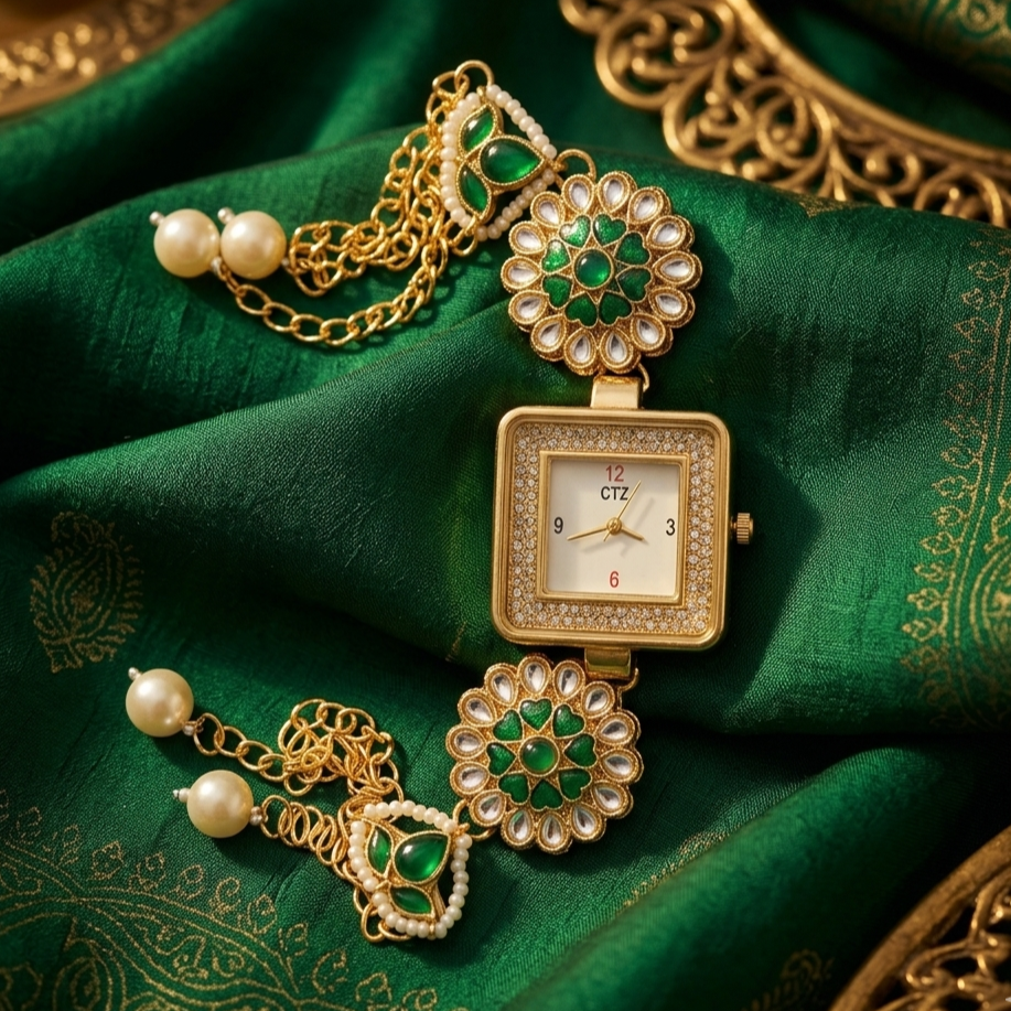 Close-up of Kashmiri designer watch with square dial, green stones and intricate gold detailing