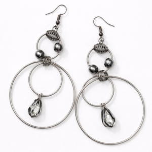 Gunmetal crystal hoop drop earrings for women on white background, lightweight designer earrings