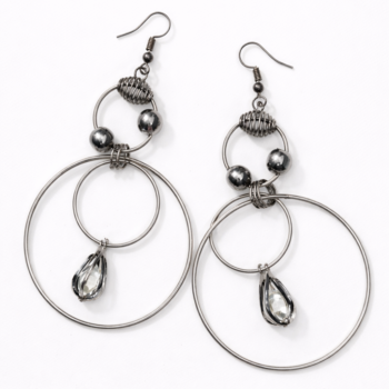 Gunmetal crystal hoop drop earrings for women on white background, lightweight designer earrings