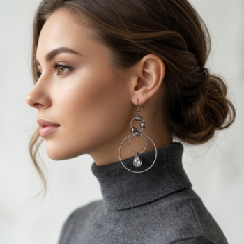 Woman wearing gunmetal geometric hoop drop earrings with crystal pendant, modern stylish earrings