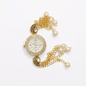 kashmiri bracelet watch gold pearl tassel chain white background product