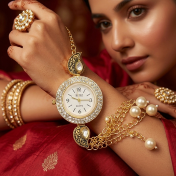 kashmiri bracelet watch wedding outfit gold pearl tassel traditional look