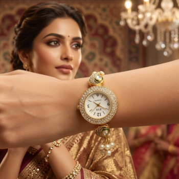 kashmiri bracelet watch pearl tassel worn by model bridal gold ethnic watch