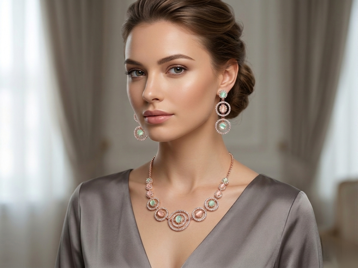 Elegant woman wearing rose gold crystal necklace set with pastel green and pink stones and matching earrings