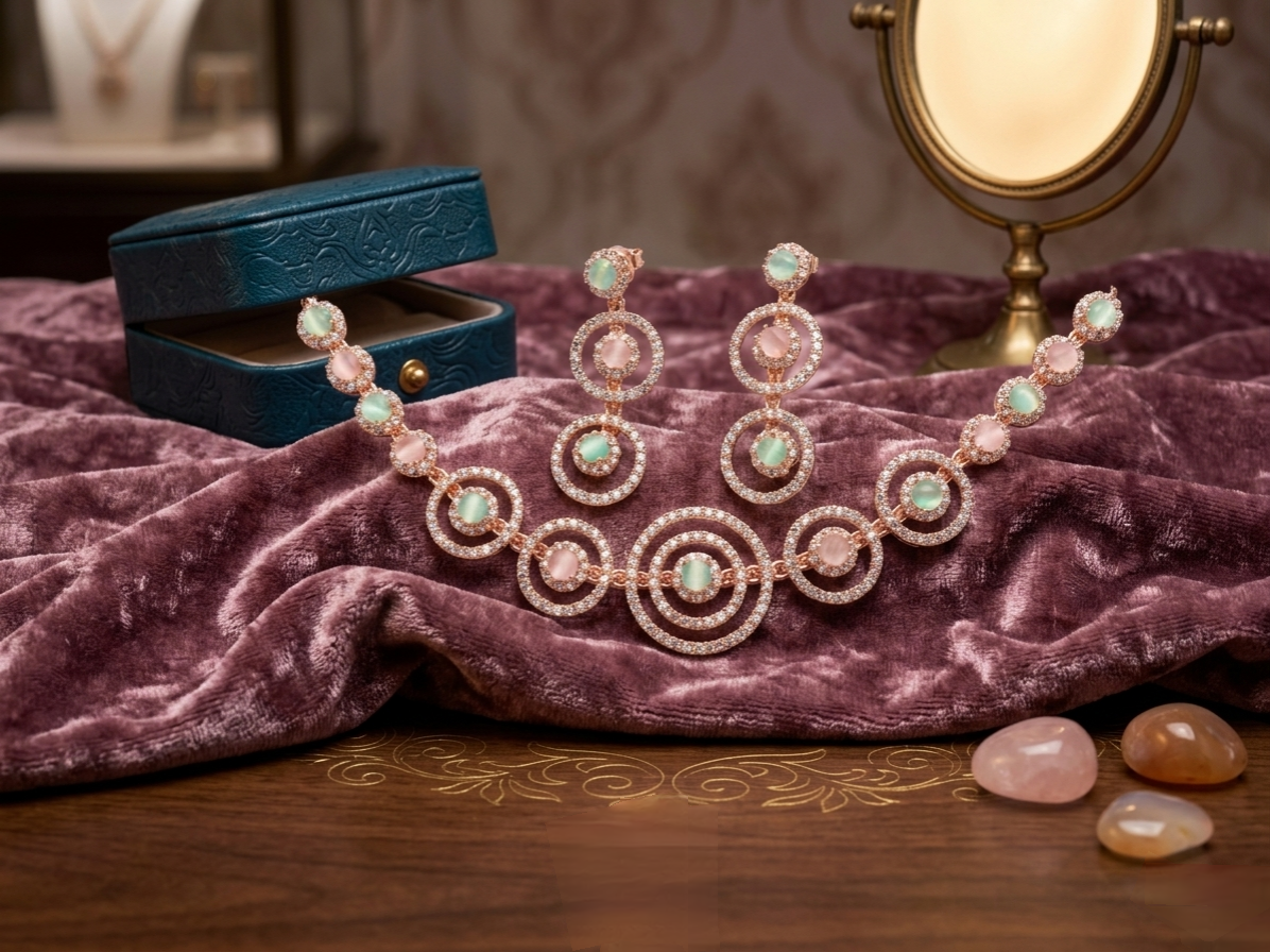 Rose gold necklace set with circular crystal design and pastel stones isolated on white background with earrings