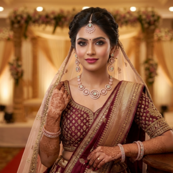 Indian bride wearing rose gold necklace set with pastel green and blush stones for wedding jewelry look