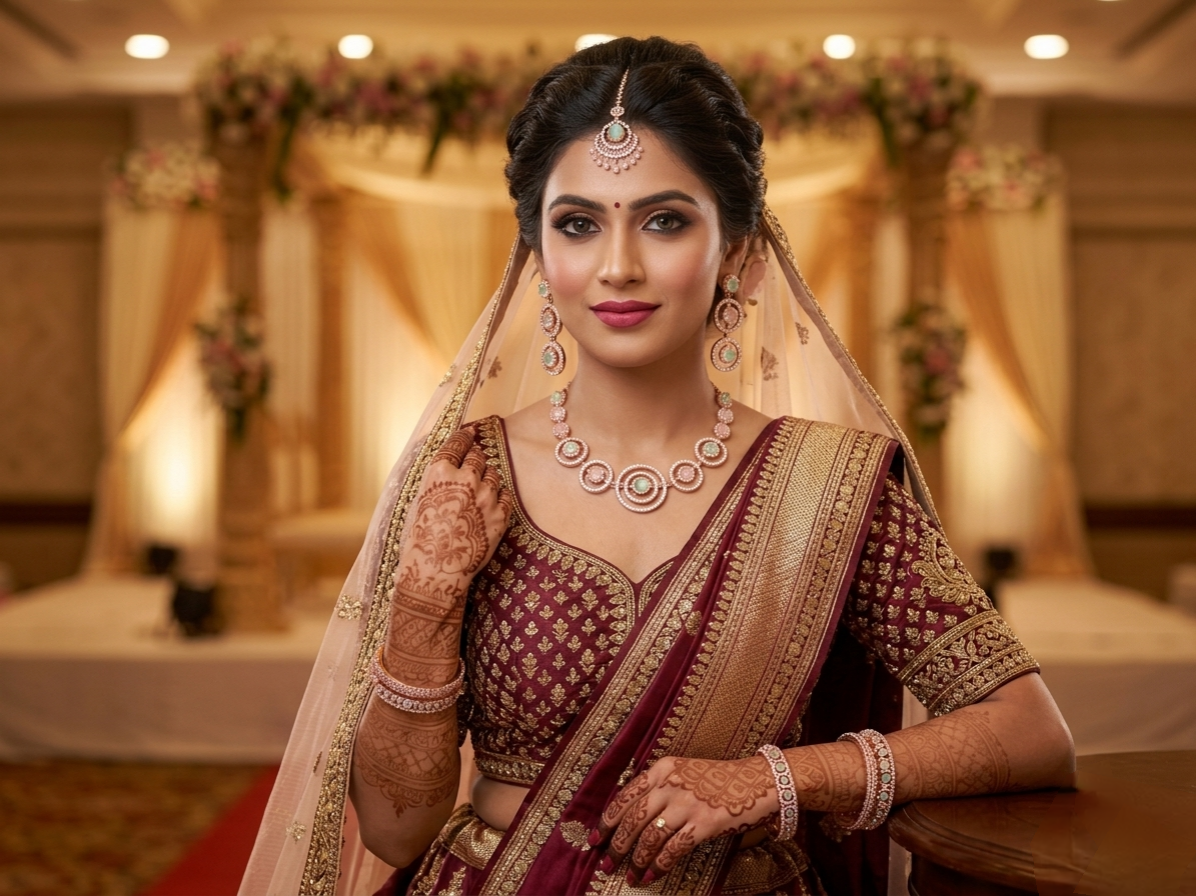 Indian bride wearing rose gold necklace set with pastel green and blush stones for wedding jewelry look