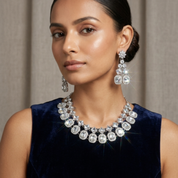 Woman wearing silver crystal statement necklace set with sparkling stones and matching drop earrings