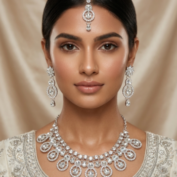 Bride wearing silver crystal necklace set with matching earrings and maang tikka wedding jewelry