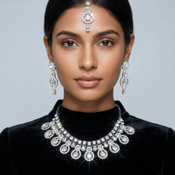 Woman wearing silver crystal bridal necklace set with matching earrings and maang tikka on black outfit