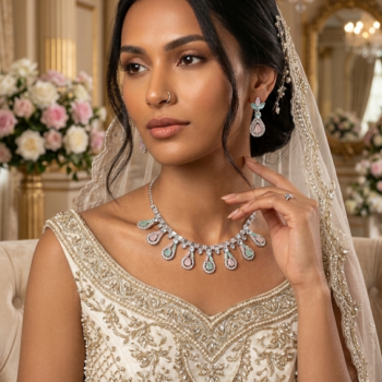 Bride wearing silver pastel crystal necklace set with pink and green stones and matching earrings