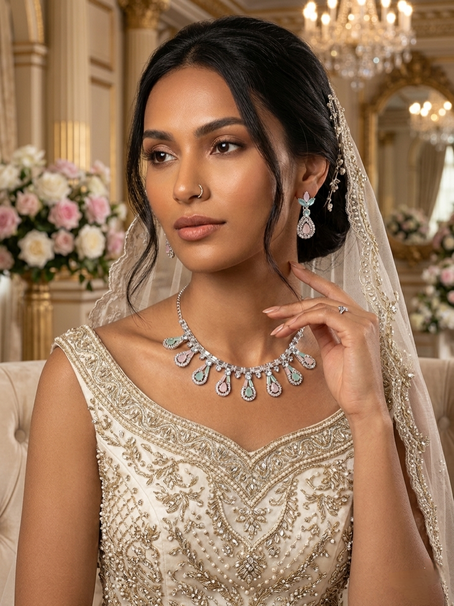 Bride wearing silver pastel crystal necklace set with pink and green stones and matching earrings