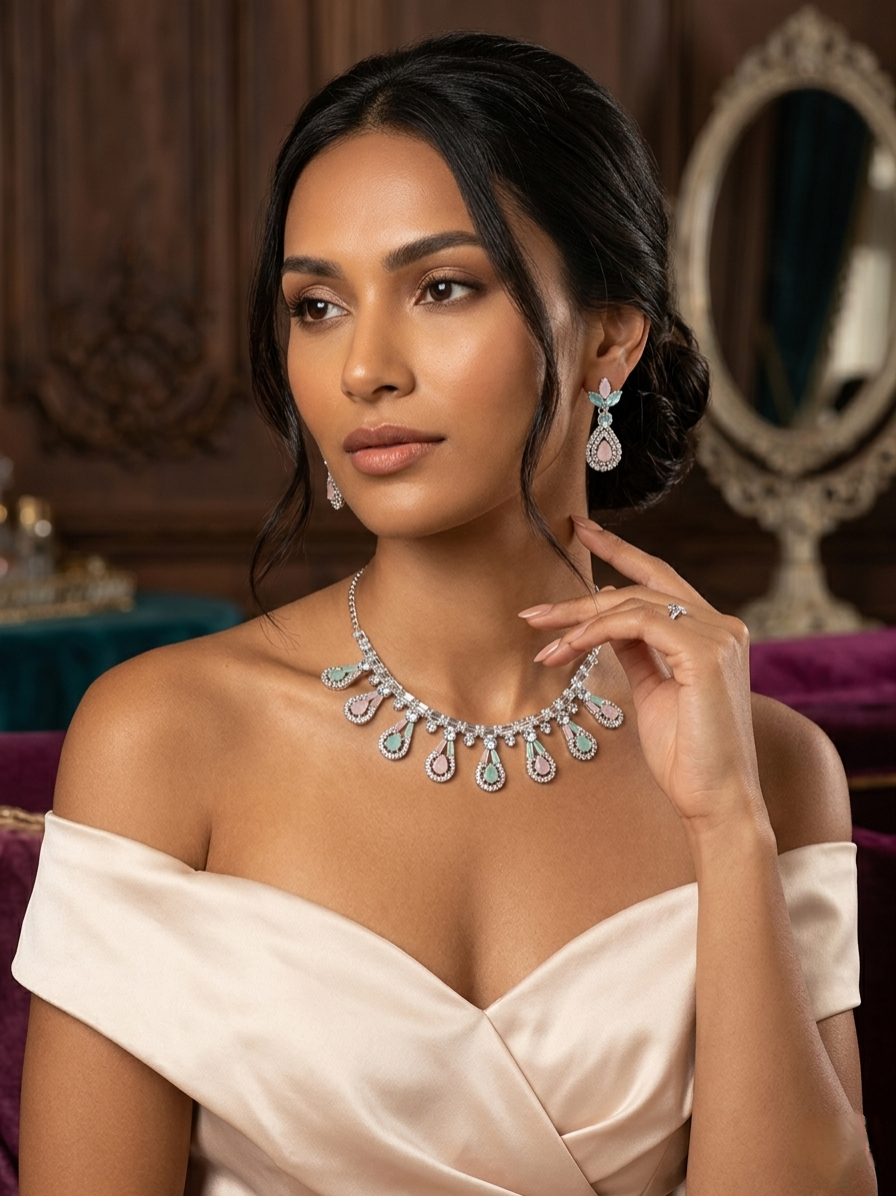Woman wearing silver pastel necklace set with mint green and blush pink teardrop stones and matching earrings