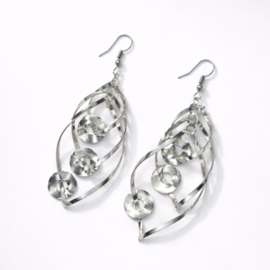 Silver spiral drop earrings for women on white background, lightweight designer earrings