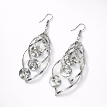Silver spiral drop earrings for women on white background, lightweight designer earrings