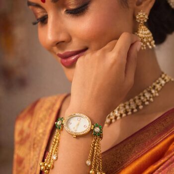 kashmiri green stone bracelet watch worn on wrist gold chain tassel designer watch